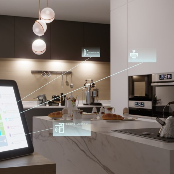 Smart home control in kitchen interior in the evening. ( 3d render )